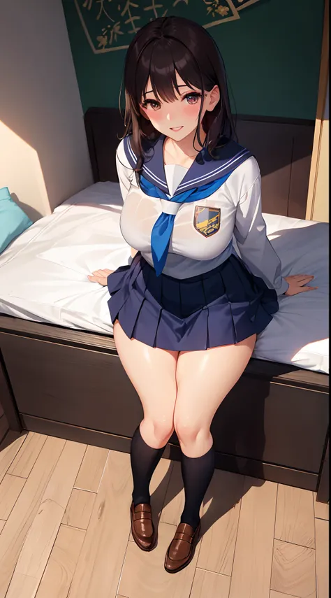 1girl in, Parted lips, blush, makeup, lightsmile, School uniform, Full body, Wide Angle, From  above, crass room, llight rays, Glow, thighs thighs thighs thighs, 鎖骨, Narrow waist, (masutepiece), Wallpaper,Dark hair color