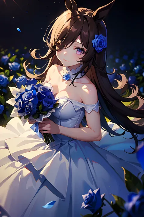 (masutepiece.top-quality).(Dynamic Angle).1 girl in.Girl in white wedding dress、A dark-haired.long.Horse-eared girl.Beautiful purple eyes.One eye is hidden in the hair.smil.(Holding a bouquet of blue roses:1.3).(Blue petals flutter:0.8)、((Girl in white pro...