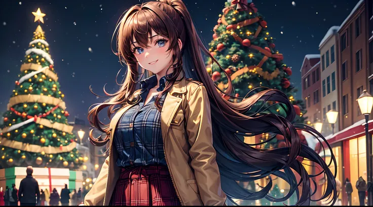 1girl, solo, full body, christmas, ((christmas tree)), street, night, lights, snow, long hair, brown hair, curly hair, ponytail, large breasts, button down, ((opened brown zipper jacket)), dark blue eyes, ((blue shirt)), ((checked shirt)), ((unbuttoned shi...