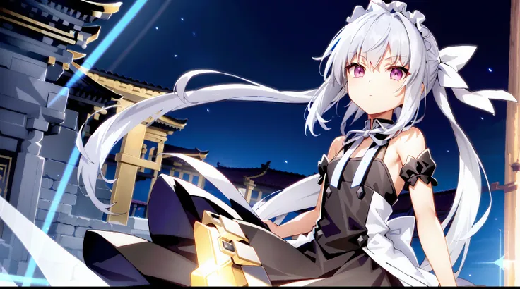 cute very little girl from fate kaleid liner has long silvery-white hair,pink eyes,wearing black maid uniform and very long skir...