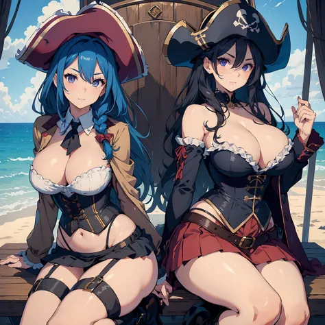 (masterpiece), 2girls, best quality, expressive eyes, perfect face, milf, Big breasts, blue hair, long hair, wavy hair, blue eyes BREAK mature female, large breasts, brown hair, braid, purple eyes BREAK pirate costume, pirate hat, Ascot, jacket, corset, sk...