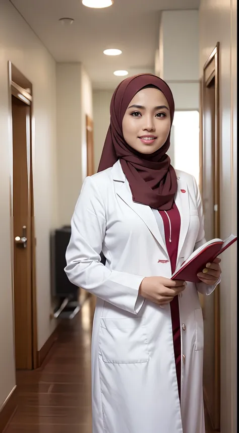 RAW, Best quality, high resolution, masterpiece: 1.3), beautiful Malay woman in hijab (iu:0.8),8K, a Matur women malay doctor in hijap with a good figure, big breasts, medium height, with a long brown hijap, smile, slightly red face, delicate facial featur...