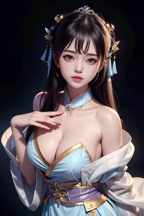 Wet-breasted Hanfu dress dynasty open chested clothes royal, All pictures, Wet body of thin silk fabric, Thin silk lace petticoat,princess 8 yeald old cute, (huge boobs，cleavage),petticoat, white pink, blue ，best qualtiy，tmasterpiece，超高分辨率，（真实感：1.4），RAW ph...