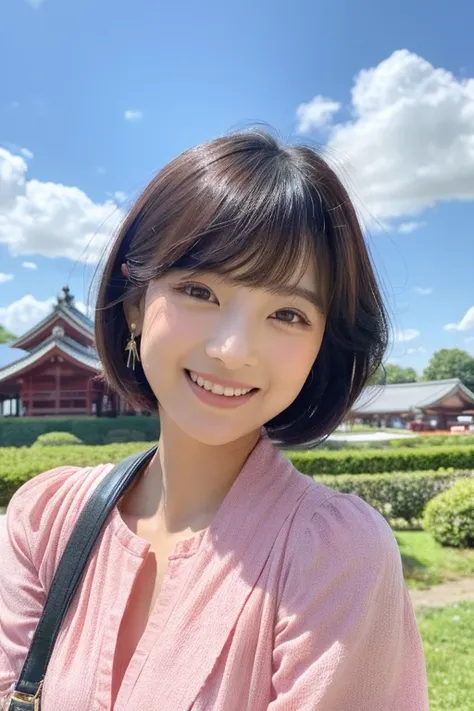 (((hight resolution)))、ultra-detailliert、(((​masterpiece)))、Beautiful shadow expression、(((１femele)))、She is my childhood friend、(((Hairstyle is short bob cut)))、Im untying my hair、(((She is so beautiful)))、Smiling happily、The color of the hair on the head...