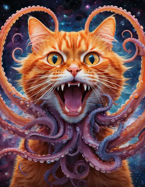 in a cosmic setting,an orange cat，Possess the body and face of a cat，Open its mouth wide to resemble an octopuss mouth，A large number of octopus antennae that are thicker than the body gush out of the mouth，In the center are rows of sharp teeth . The color...