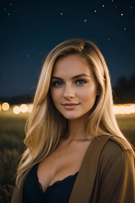 night photography, in the countryside, under the winter starry sky,
1 gorgeous blonde woman,
23 ans, 
subtle smile, 
flirts with...