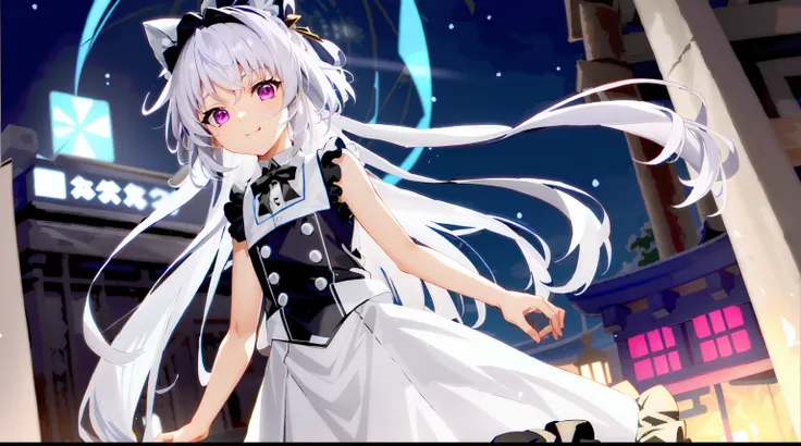 cute very little girl from fate kaleid liner has long silvery-white hair,pink eyes,wearing maid uniform and very long skirt,bead...