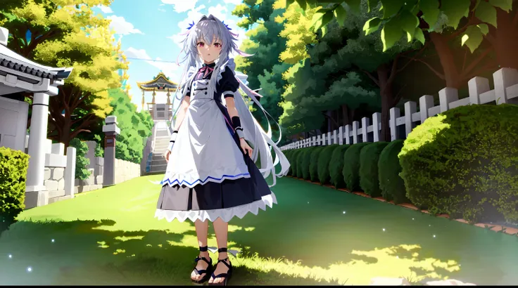 Cute very little girl from fate kaleid liner has long silvery-white hair,pink eyes,wearing maid uniform and very long skirt,beads on neck,athens temple street in background,very little girl,loli,kawaii,anime style,Lumen Reflections,Screen Space Reflections...