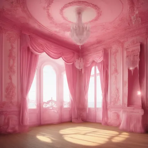 bright, day, French style, huge massive pink bedroom, curtains, ceiling, chandelier, window, worms-eye view, from below, (very low angle), ((wide shot)), panorama,