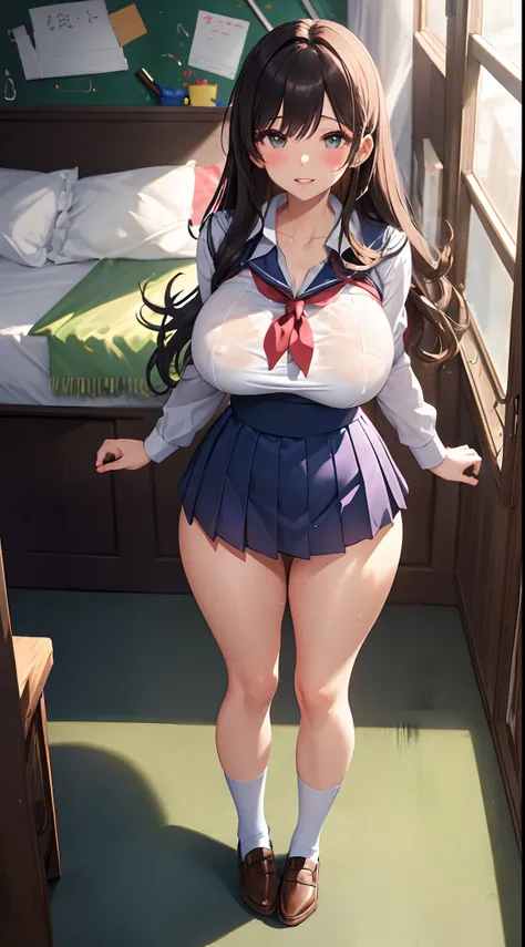 1girl in, Parted lips, blush, makeup, lightsmile, School uniform, Full body, Wide Angle, From  above, crass room, llight rays, Glow, thighs thighs thighs thighs, 鎖骨, Narrow waist, (masutepiece), Wallpaper,Dark hair color、Colossal tits、soaked clothes