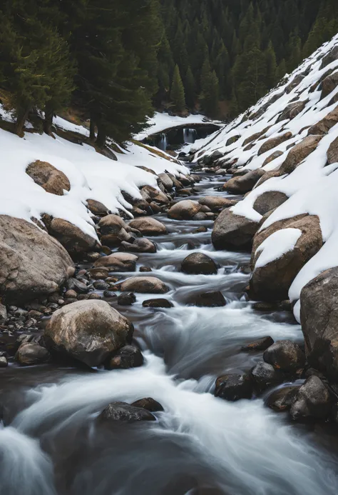 A small stream flows through a beautiful snow-capped mountain