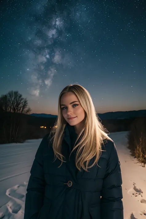 night photography, in the countryside, under the winter starry sky,
1 gorgeous blonde woman,
23 ans, 
subtle smile, 
flirts with the camera,
she’s a model, sensual pose, 
(European girl:1.2),
(Realistic hair:1.2),
(realistic eyes:1.2),
(Beauty face:1.3),
p...