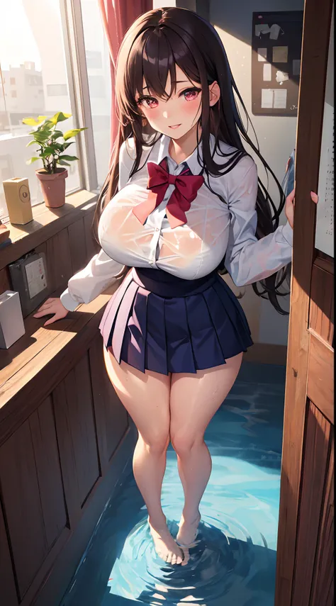 1girl in, Parted lips, blush, makeup, lightsmile, School uniform, Full body, Wide Angle, From  above, crass room, llight rays, Glow, thighs thighs thighs thighs, 鎖骨, Narrow waist, (masutepiece), Wallpaper,Dark hair color、Colossal tits、soaked clothes