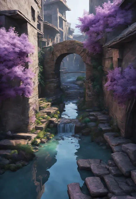 A small stream flows through the cyberpunk city， （cold light source：1.2）， bru， mud，Small streams （Detailed description of Stone Bridge， Stairs down the bridge，Small streams）， deep colour， purpleish color， lilac colors， intricately details