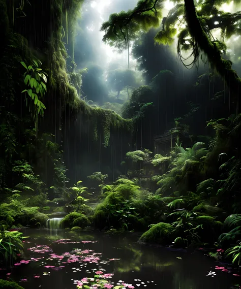 the rainforest，Small streams，(Masterpiece: 1.3), (8K, Photorealistic, RAW photo, Best quality: 1.4), Damp rainforest,forest,jungles，with intense rainfall，Mono Color，vines all around，giant and wet trees，(The jungle is dark and damp:1.8),There are swamps on ...