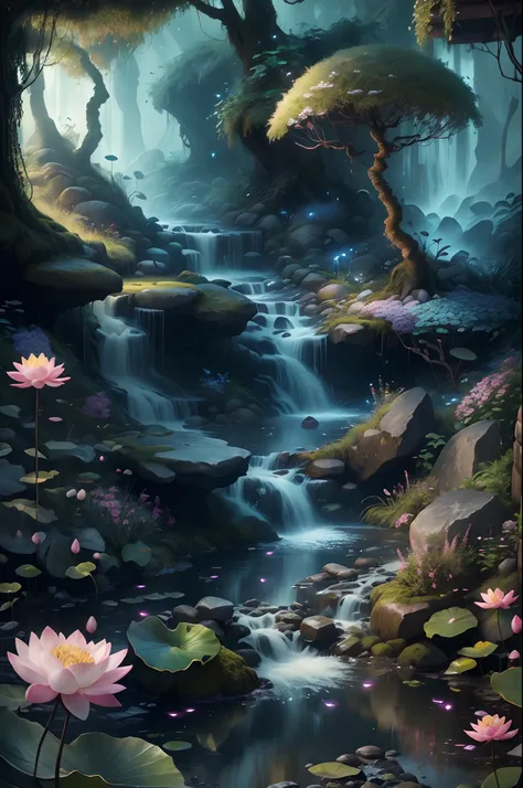 lotus flower，speleothems, waterfallr, tree, rivulets, bamboos, deers, hot onsen, vapour, glowworm，mistic，Small streams run through mossy rocks，Creates a peaceful atmosphere，The delicate branches are dotted with vibrant flowers and leaves，Add a touch of col...