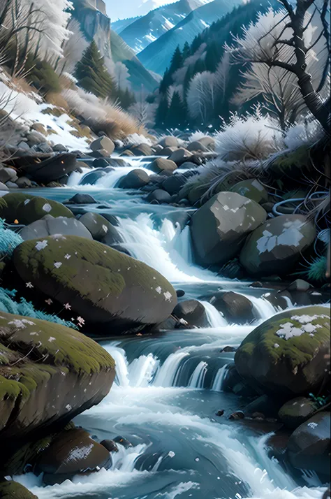 white backgrounid， scenecy， ink， mountain stream， rivulets， the trees