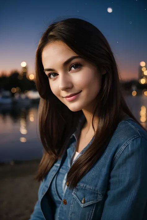 Low angle night photography, pointing at a starry night sky, at the Vancouver shore, 
1 gorgeous woman,
23 ans, 
subtle smile, 
flirts with the camera,
she’s a model, sensual pose, 
(European girl:1.2), (random hair:1.3),
(Realistic hair:1.2),
(realistic e...