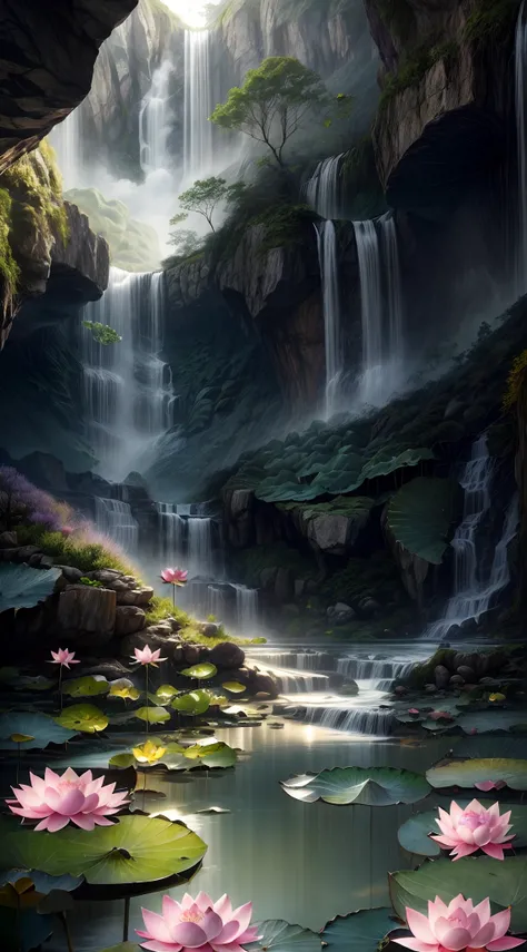 Summer, Lake, (lotus flower:1.5)，(Beautiful，Polished:1.3),speleothems, waterfallr, tree, louka, Rock music, deers, hot onsen, vapour, (illustration: 1.0), Epic composition, Realistic lighting, HD details, Masterpiece, Best quality, (Very detailed CG unifie...