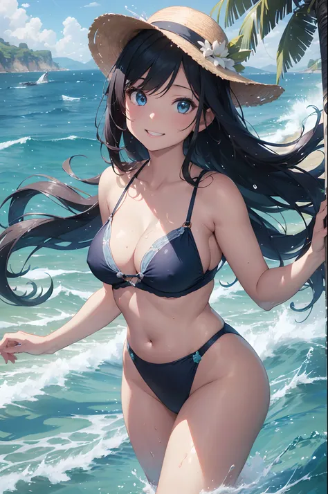 (best quality,highres,ultra-detailed,realistic,photorealistic:1.2),blue sparkling eyes,shoulder-length,vivid colors,studio lighting,bright smile,curvy figure,beach,captivating gaze,sun-kissed skin,fabulous curves,flowing hair,glistening water,serene backgr...