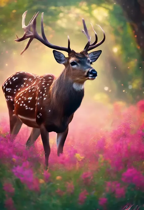 rivulets，jungles，Flowers，sika deer，steamy，smog，Immortal，super-fine，Hyper-realistic，Ultra photo realsisim，tmasterpiece，8k，on focus，Bokeh，Detailed pubic hair，hyper-detailing，high qulity，High definition，cinematic perspective