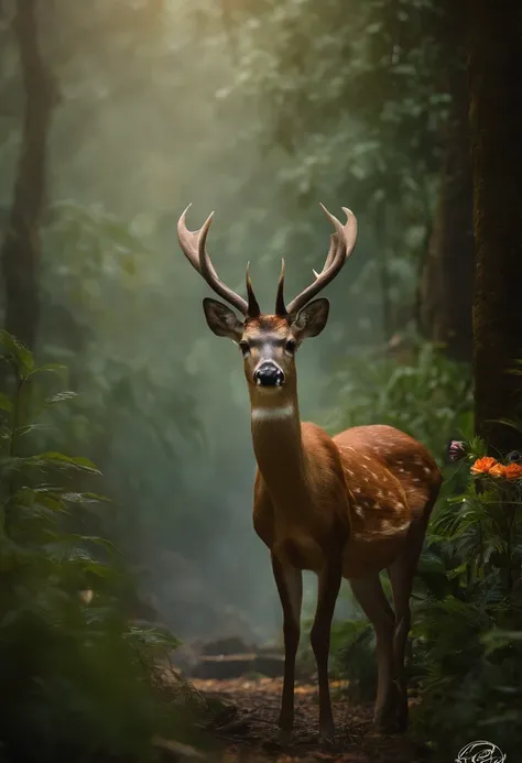 rivulets，jungles，Flowers，sika deer，steamy，smog，Immortal，super-fine，Hyper-realistic，Ultra photo realsisim，tmasterpiece，8k，on focus，Bokeh，Detailed pubic hair，hyper-detailing，high qulity，High definition，cinematic perspective