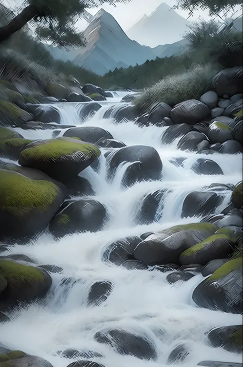 white backgrounid， scenecy， ink， mountain stream， rivulets， the trees