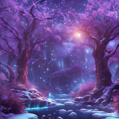 tmasterpiece，Best quality at best，high high quality，extremely detaile，8K，A small stream flows through a mysterious wood，Fantastic snow and ice jungle，ice witch，Colorful ice magic，glowing sprites，Natural elements in the forest theme，Colorful snow and ice ju...