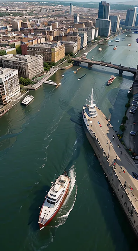 A birds-eye view of the city, a wide river with five-story buildings on both sides. Boats are sailing on the river, with water splashing at the stern.