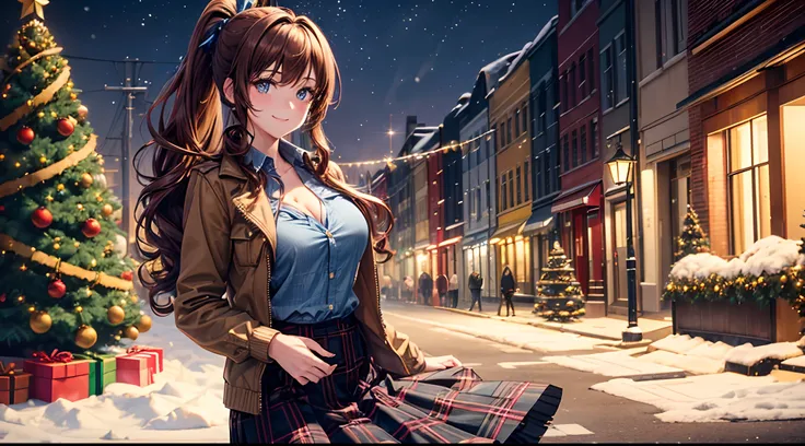 1girl, solo, full body, christmas, ((christmas tree)), street, night, lights, snow, long hair, brown hair, curly hair, ponytail, large breasts, button down, ((opened brown zipper jacket)), dark blue eyes, ((blue shirt)), ((checked shirt)), ((unbuttoned shi...