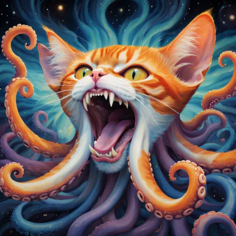 in a cosmic setting,an orange cat，Open its mouth wide to resemble an octopuss mouth，A large number of octopus antennae that are thicker than the body gush out of the mouth，In the center are rows of sharp teeth . The colors are vibrant and ethereal, evoking...