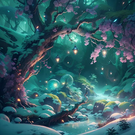 tmasterpiece，Best quality at best，high high quality，extremely detaile，8K，A small stream flows through a mysterious wood，Fantastic snow and ice jungle，ice witch，Colorful ice magic，glowing sprites，Natural elements in the forest theme，Colorful snow and ice ju...