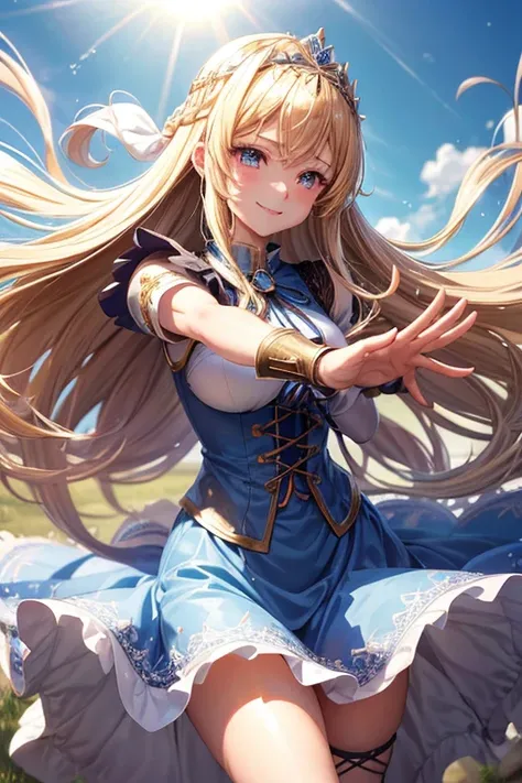 masutepiece, extreme close - up, High resolution, Portrait above, Anime girl lifting her skirt, medieval setting, Lace up footwear, Long Blond Hair, Wearing a tiara, They come for a hug, smiling elegantly, The sun reflected in her eyes, Light blue dress, 独...