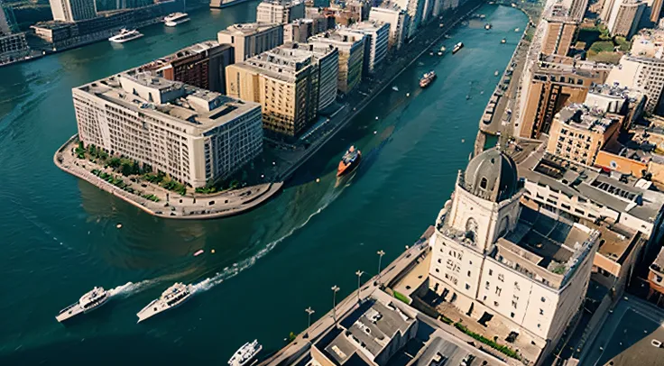 A birds-eye view of the city, a wide river with five-story buildings on both sides. Boats are sailing on the river, with water splashing at the stern.