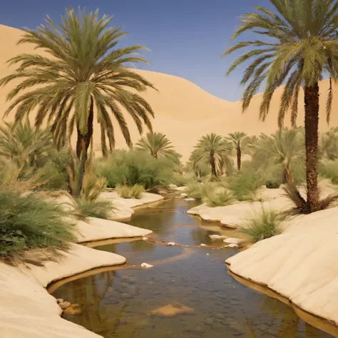 Desert Oasis: Amidst the vast and arid desert, a hidden oasis reveals itself with a sparkling stream. The precious water weaves its way through the golden sands, sustaining life and creating a lush haven amidst the barren surroundings. Discover the unexpec...