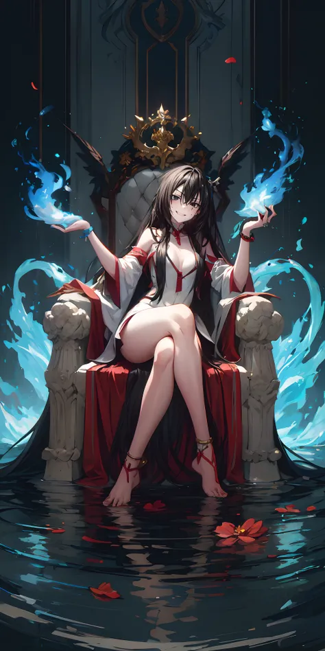 KirukiruAmou, (black hair, long hair, black eyes:1.4), hair ornament, breasts, jewelry, 1girl, black_hair, long_hair, solo, anklet, sitting, cleavage, detached_sleeves, barefoot, bare_shoulders, bracelet, water, large_breasts, looking_at_viewer, smile, dre...