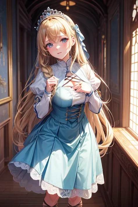 masutepiece, extreme close - up, High resolution, Portrait above, Anime girl lifting her skirt, medieval setting, Lace-Up Footwear, Long Blond Hair, Wearing a tiara, Light blue dress, 独奏, Saint a girl, palatial palace, inside in room, Standing