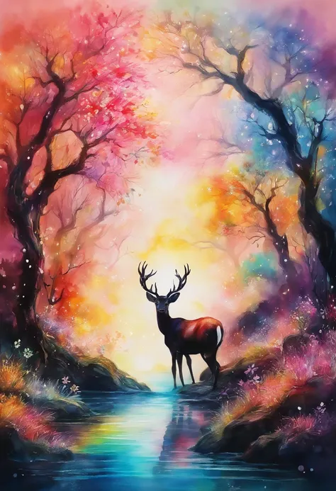 ink and watercolor painting，water ink，ink，Smudge，rivulets，rainbowing，jungles，Flowers，sika deer，steamy，smog，Immortal，vibrant with colors，super-fine，Hyper-realistic，Ultra photo realsisim，tmasterpiece，8k，on focus，Bokeh，Detailed pubic hair，hyper-detailing，high...