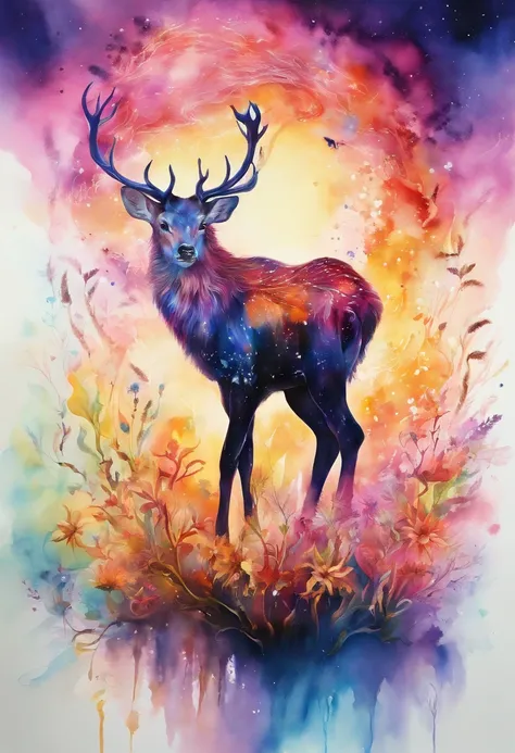 ink and watercolor painting，water ink，ink，Smudge，rivulets，rainbowing，jungles，Flowers，sika deer，steamy，smog，Immortal，vibrant with colors，Water surface reflection，Real light，super-fine，Hyper-realistic，Ultra photo realsisim，tmasterpiece，8k，on focus，Bokeh，Deta...