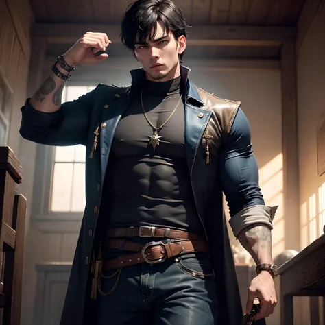 8k, masterpiece, best quality, realistic, higly detailed, cowboy shot, 1boy, solo, Fuutarou, young man, fair skin, black hair, bowl cut, two strands sticking up from the back of his head, bangs that cover his forehead, blue eyes, slim physique, tall build,...