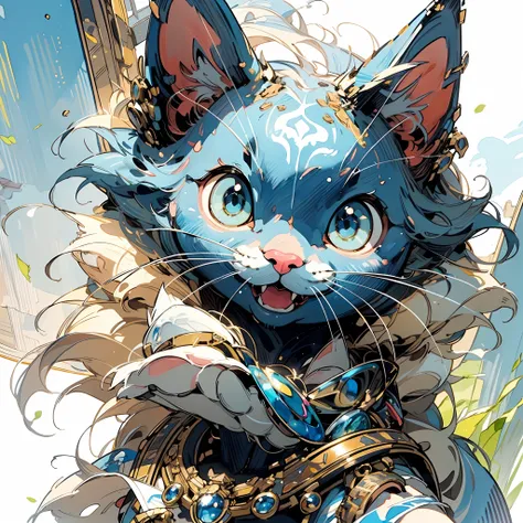 ((Best quality, 8K, Masterpiece: 1.4)),((Amazing detail: 1.3)),((Watercolor illustration: 1.2)),((high resolution: 1.1)),Thick painting style，(Critters)，1 cat，Blue solid background，in style of ghibli，head portrait，Anime avatar，Blue Cat，adorable expression，...