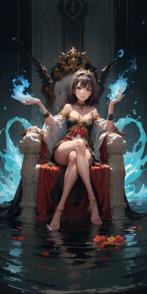 yukinoshita haruno, (black hair, short hair:1.4), hair ornament, breasts, jewelry, 1girl, black_hair, solo, anklet, sitting, cleavage, detached_sleeves, barefoot, bare_shoulders, bracelet, water, large_breasts, looking_at_viewer, smile, dress, hair_ornamen...