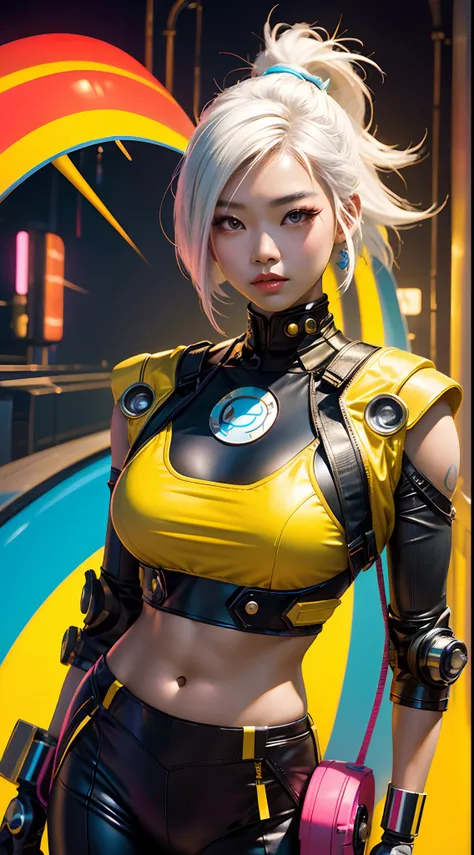 CHICA asian cyborg retrofuturista con un planeta hyperrealista con detalles y partes de ciborg ,colores de neon,big tits ,muscle ,ciborg retro,futurista, white hair