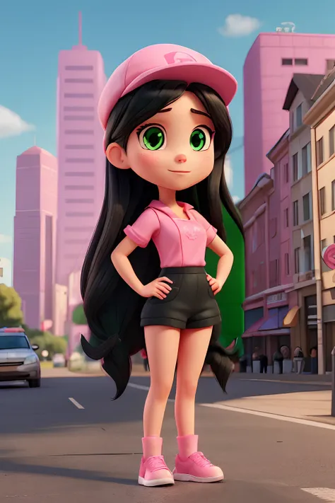 Caucasian woman, sexy, long black hair, green eyes, pink cap with flap forward, outfit with completely pink neckline, city background art. full body. character in front view, looking at camera