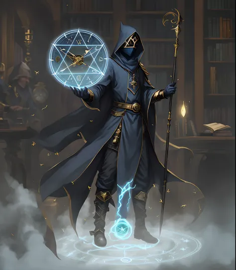 good male time clockwork soul sorcerer a close up of a TRIANGLE masked good well being dark grey time wizard hold a great bulky thick staff and a gold time clock circle magic, portrait of a mage, an arcane wizard casting a spell, fantasy mage, dark cloaked...