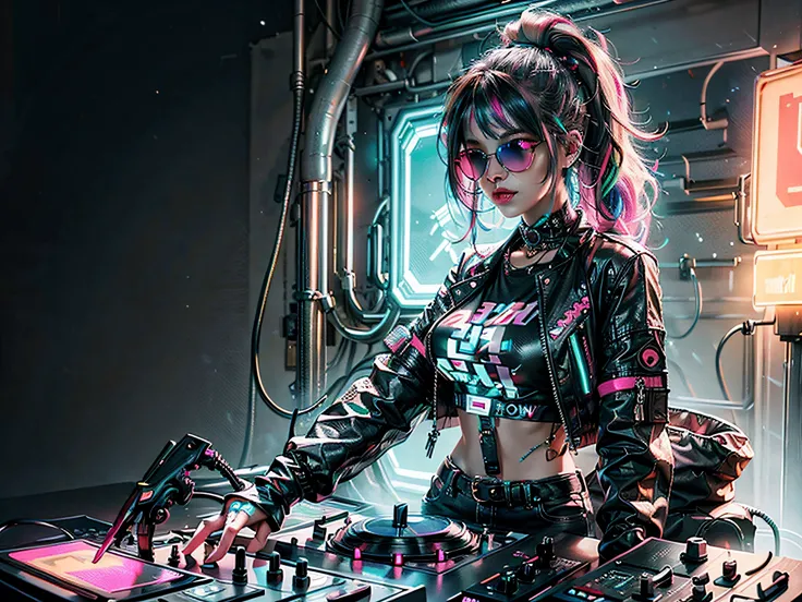 "Cyberpunk DJ girl with cool neon head set, colorful neon light around her, multicolor hair, multicolor, front view ,cool open jacket and crop top shirt, rocking sun glasses, two big LED glowing loudspeakers on each side, immersed in a neon-lit environment...