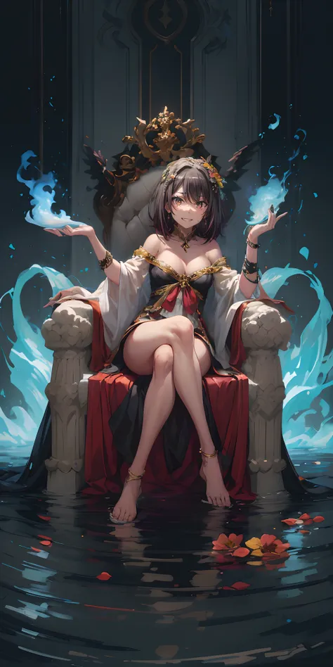 yukinoshita haruno, (black hair, short hair:1.4), hair ornament, breasts, jewelry, 1girl, black_hair, solo, anklet, sitting, cleavage, detached_sleeves, barefoot, bare_shoulders, bracelet, water, large_breasts, looking_at_viewer, smile, dress, hair_ornamen...