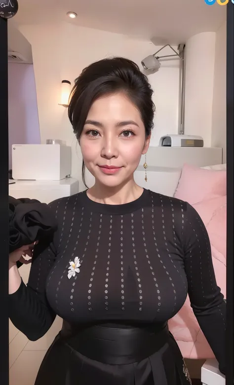 japanese mature, (Solo), 50 years old, (Wrinkles at the corners of the eyes:1.2), Large breasts, A MILF, carismatic, A sexy, Chromo-white skin, view the viewer、ultra gigantic tits、Wear a sleeveless turtleneck sweater、Skinny Knitted Dresses、Muchimuchi、Black...