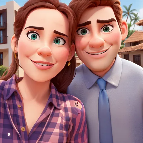 They are posing for a photo together in front of a building, casal homem e mulher no estilo Disney Pixar, com olhos castanhos, alta qualidade, melhor qualidade