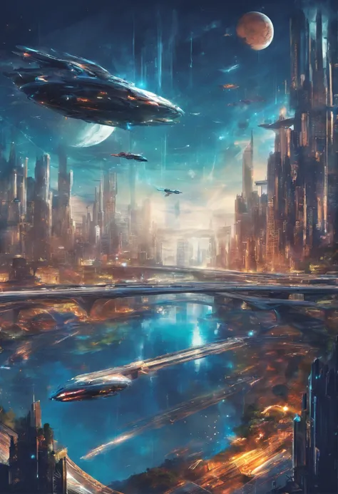 Science fiction book city，Cars fly in the sky，The feeling of a city in the sky，Spaceship，Blue water droplets，k hd